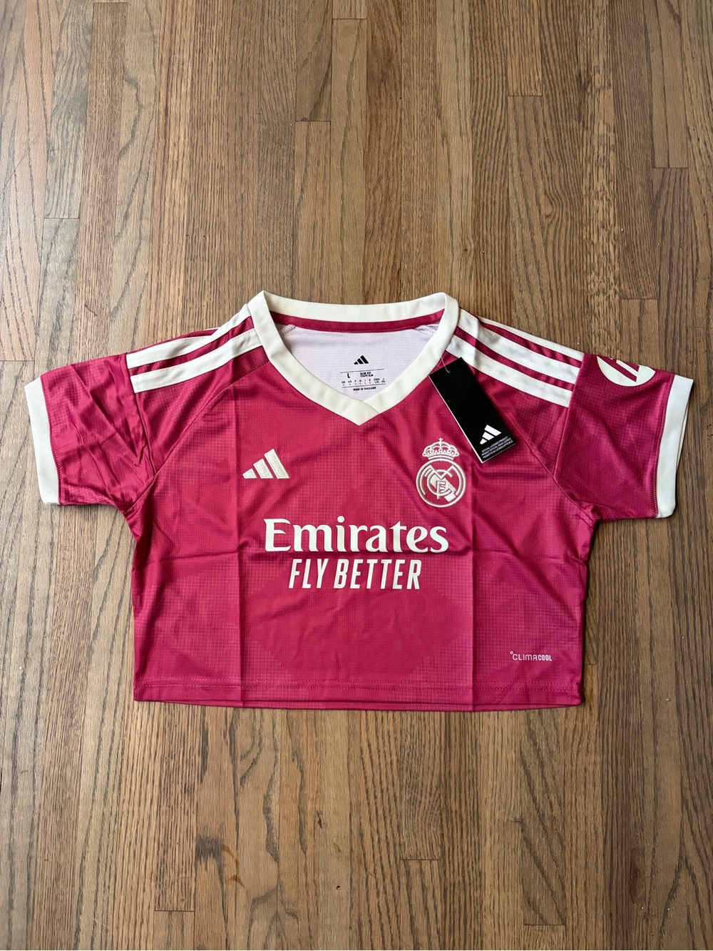 Pink Real Madrid 2026-27 adidas Away Soccer Crop Top Jersey women’s size L NWT